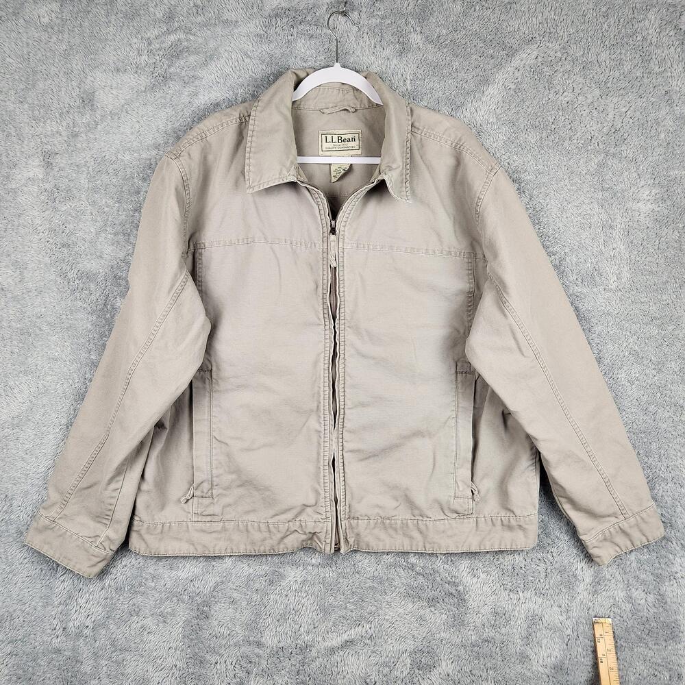 LL Bean Jacket Mens 2XL Regular Beige Canvas Bomber Full Zip Pockets Outdoor